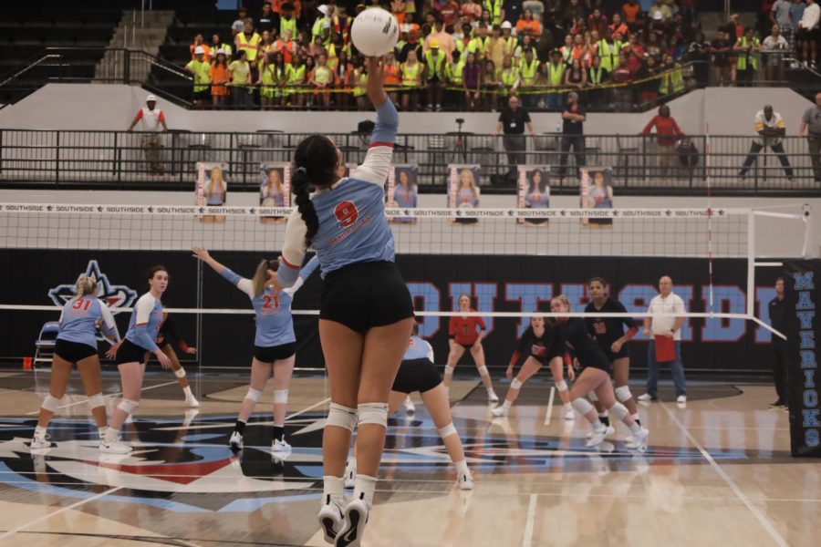 Gabriela DuPree serves the ball at the rivalry Southside v. Northside game.