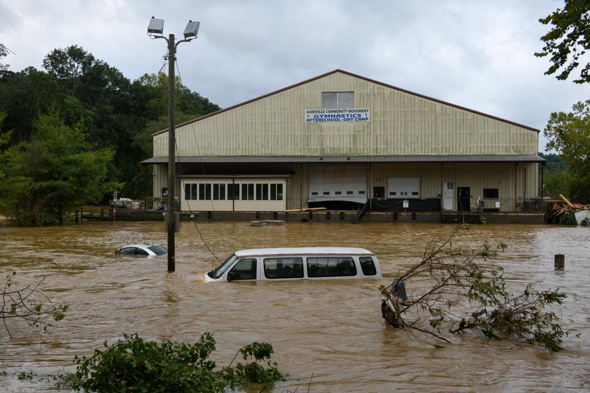 ASHEVILLE, NORTH CAROLINA - SEPTEMBER 28: Heavy rains from Hurricane Helene caused record flooding and damage on September 28, 2024 in Asheville, North Carolina. Hurricane Helene made landfall in Florida's Big Bend on Thursday night with winds up to 140 mph and storm surges that killed at least 42 people in several states. (Photo by Melissa Sue Gerrits/Getty Images)