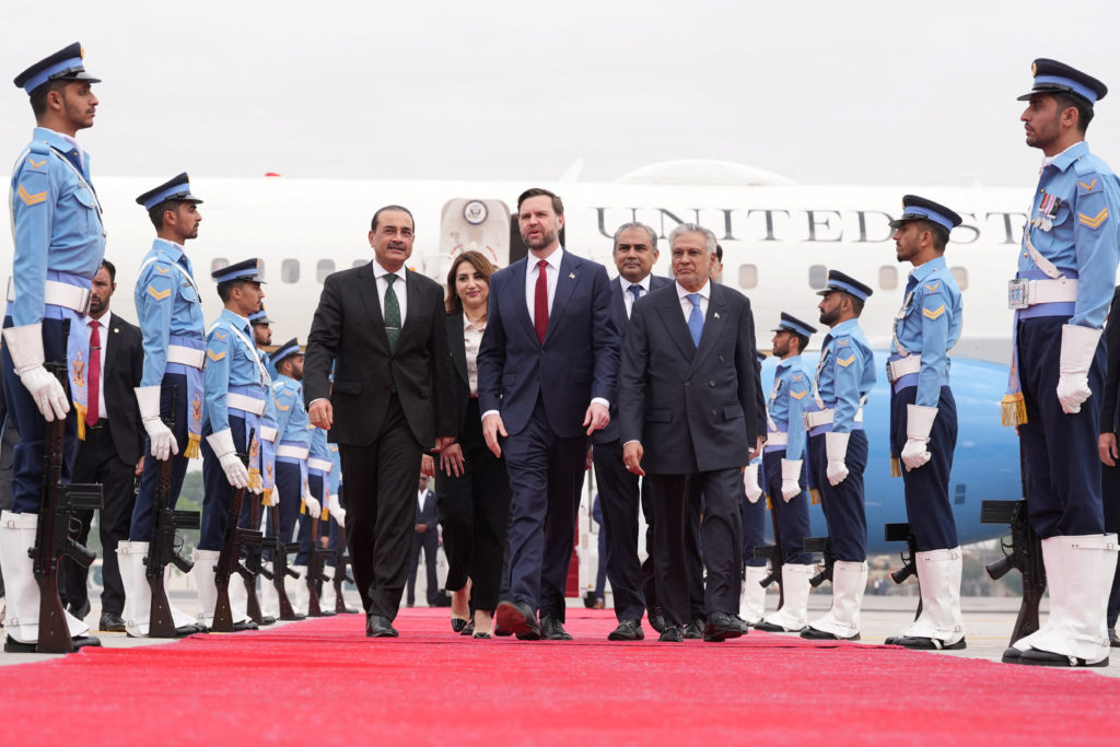 U.S. Vice President JD Vance, walks with Pakistan's Chief of Defence Forces and Chief of Army Staff Field Marshal Asim Munir, Pakistani Deputy Prime Minister and Foreign Minister Mohammad Ishaq Dar, Charge d'Affaires of the U.S. Embassy in Islamabad Natalie A. Baker, and Pakistan's Interior Minister Mohsin Raza Naqvi, after arriving for talks with Iranian officials in Islamabad, Pakistan, Saturday, April 11, 2026. Jacquelyn Martin/Pool via REUTERS
